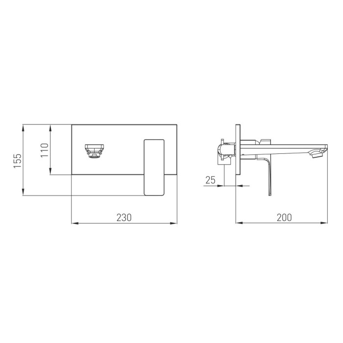 Схематическое изображение размеров встраиваемого смесителя для умывальника WEZER PRO10-02-BLACK