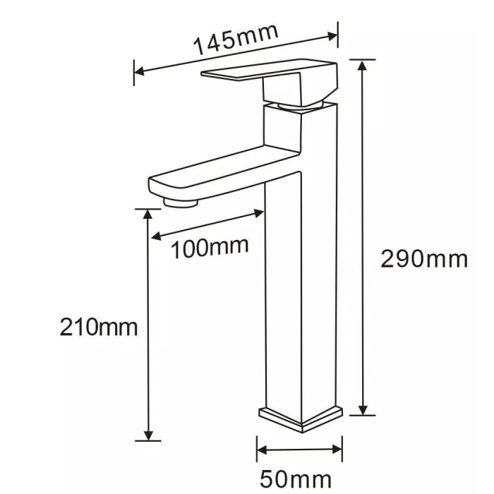 Схематичне зображення розмірів високого змішувача для умивальника WEZER PRO11-02-BLACK