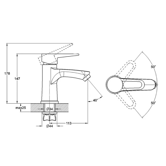 Схематическое изображение размеров смесителя для умывальника WEZER PUD1-045