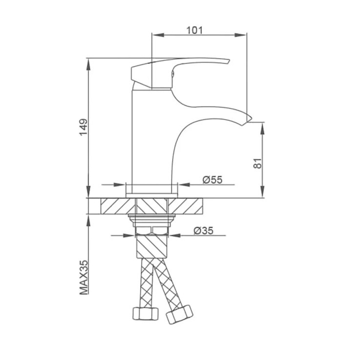 Схематическое изображение размеров смесителя для раковины FRAP F1069 (хром)