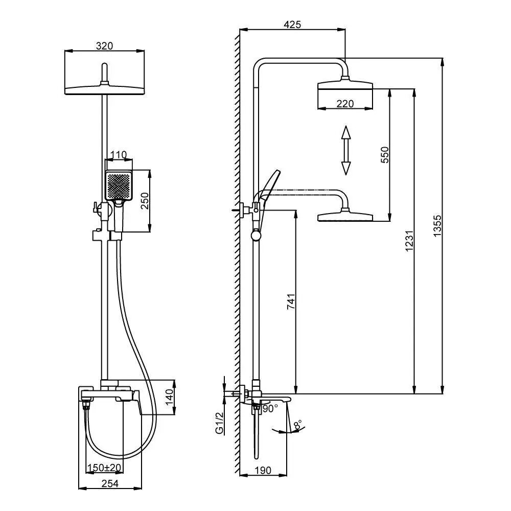 Схематичне зображення розмірів змішувача для душу F2484: