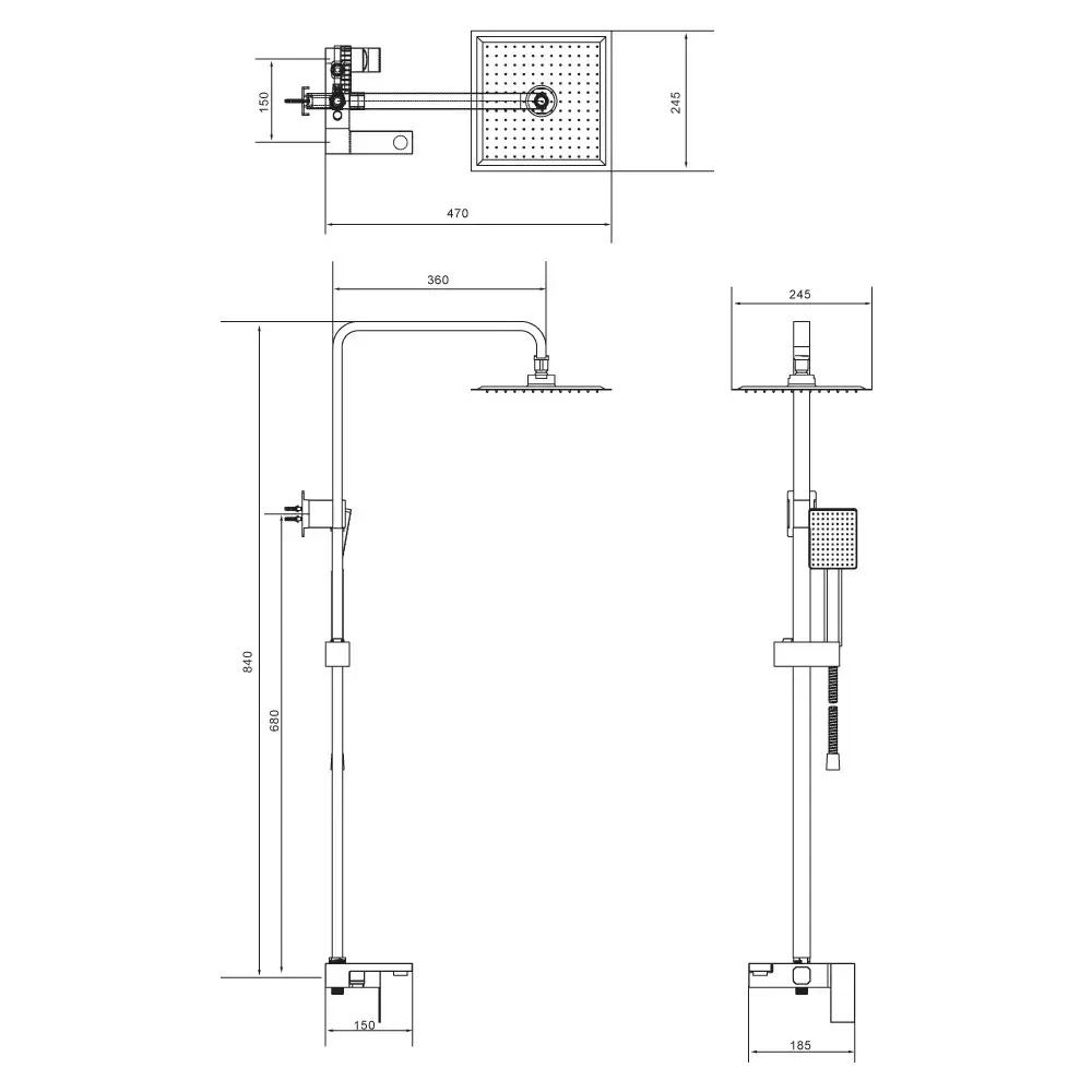 Схематическое изображение размеров Душевая система Wezer PRO16A-02