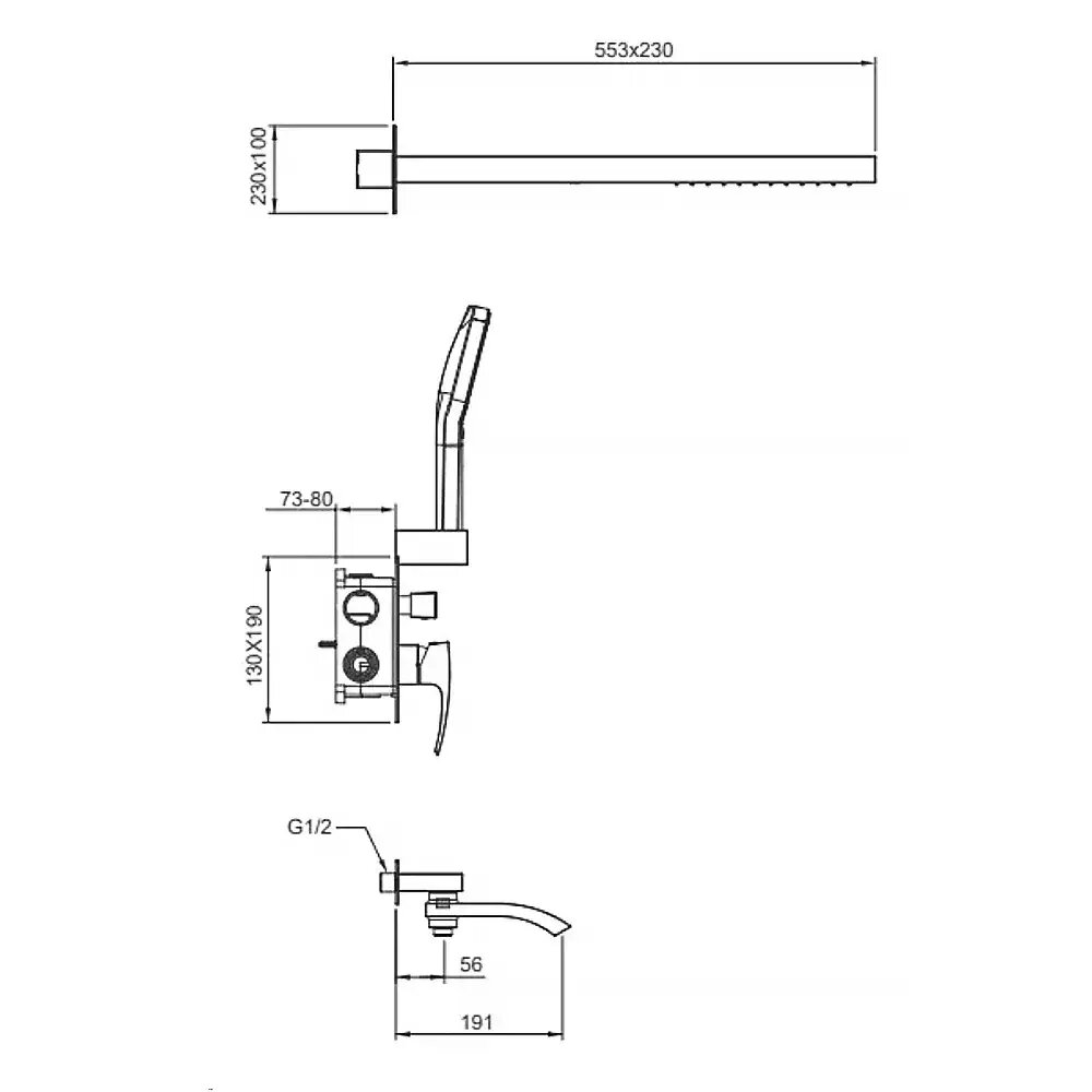 Схематическое изображение размеров Душевая система Gappo G7107-76