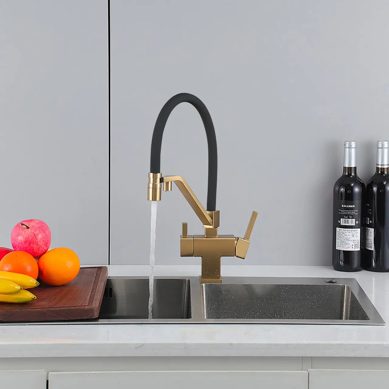 G4395-63 кухня під осмос одноваж. вис. силікон. вилив лат. шпилька Ø35 (сатин золотий/чорний) {8/1}