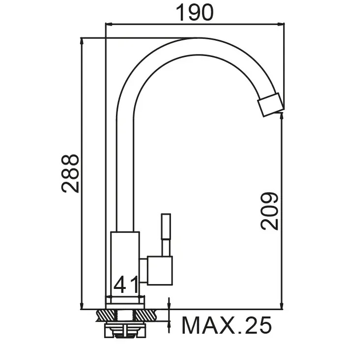 Монокран для раковины WEZER EKO14A-14 поворотное излияние, нержавеющая сталь – схематическое изображение
