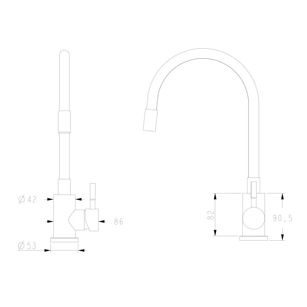 Змішувач для кухні з гнучким виливом Wezer EKO4E-01-BLACK – розміри моделі у вигляді креслення