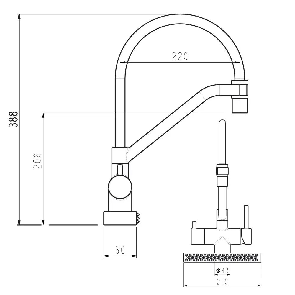 Схематическое изображение размеров смесителя для кухни GAPPO G4098-5: