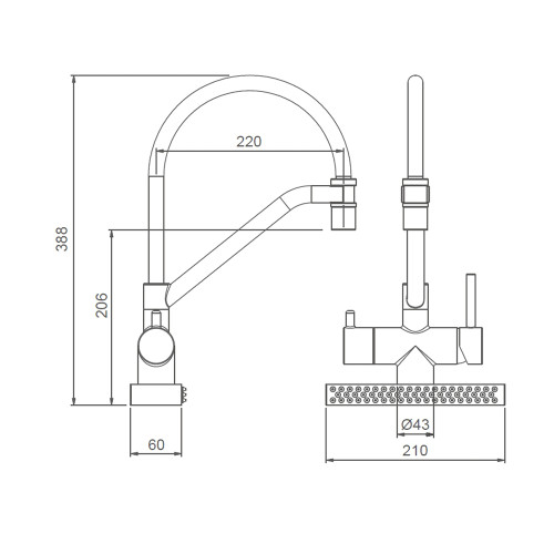 Схематическое изображение размеров смесителя для кухни GAPPO G4098-9: