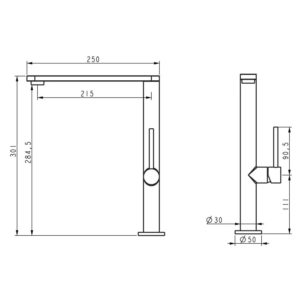 Схематичне зображення розмірів змішувача для кухні EKO4G-01: