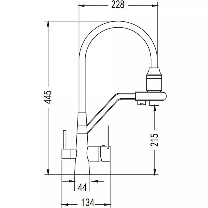 Схематическое изображение размеров кухонного смесителя WEZER INX4A-08-BLACK: