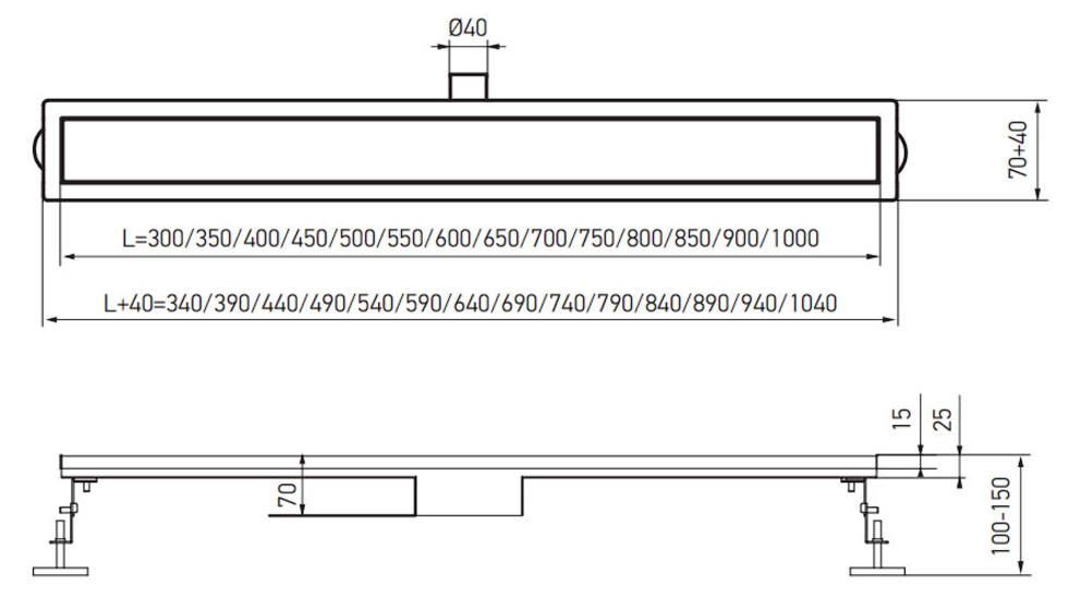 Габаритні розміри Душовий трап Koer FD20-70x650 SUS304 (KR4743) нержавіюча сталь 