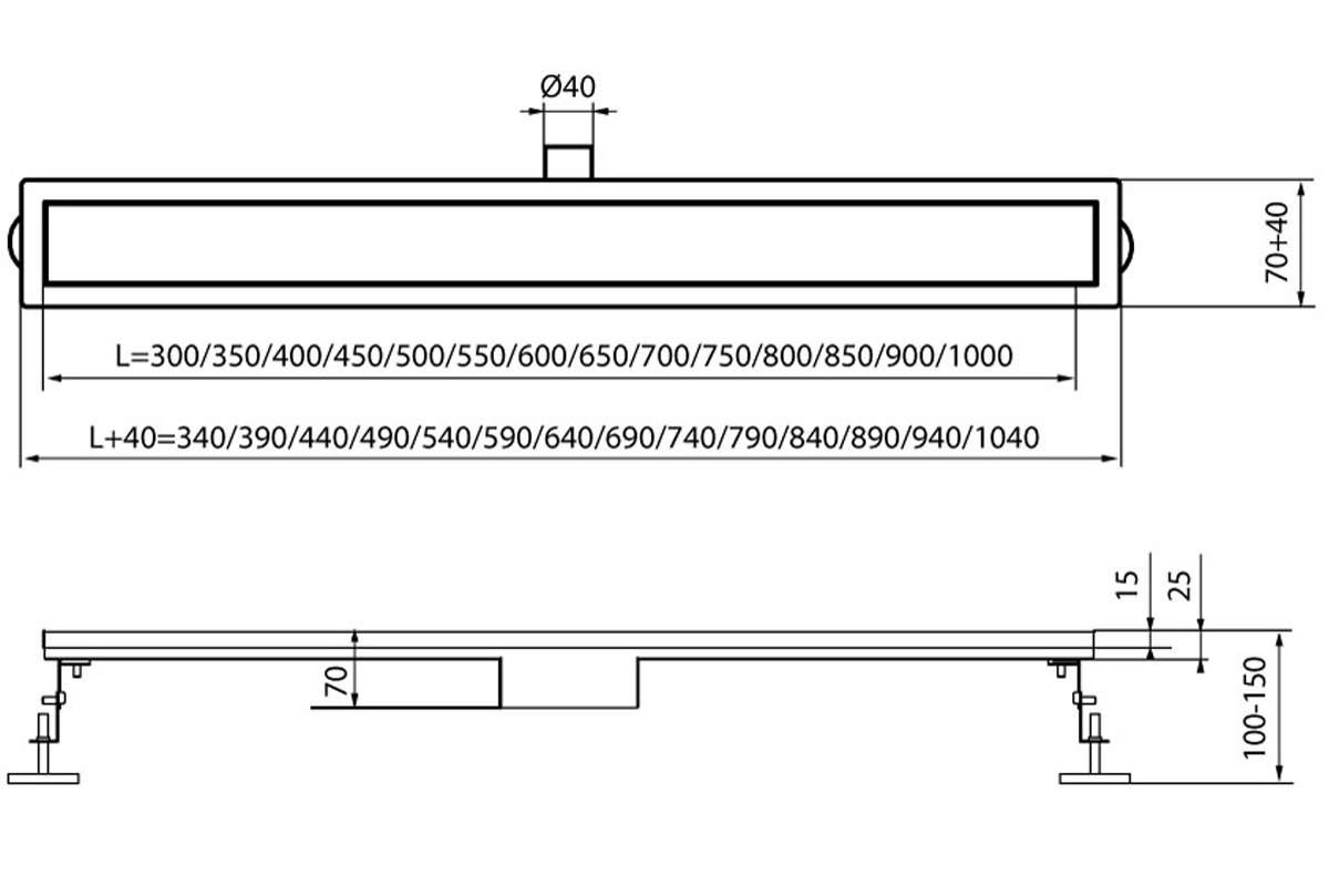 Габаритні розміри Душовий трап Koer FD03-70x700 SUS304 (AC0691) 70x700мм нержавіюча сталь 