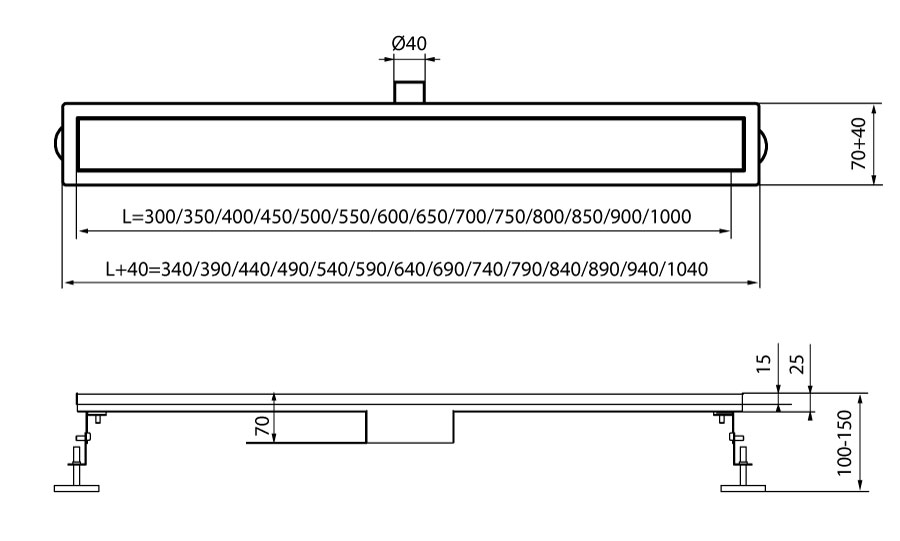 Габаритні розміри Душовий трап Koer FD06-70x600 SUS304 (AC0713) нержавіюча сталь 