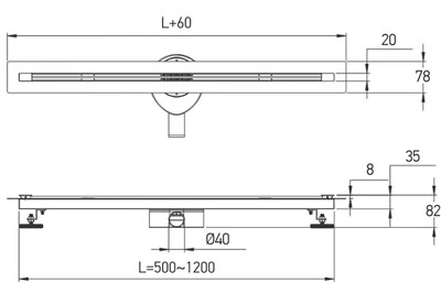 Габаритные размеры Душевый трап Koer FD07-20x600-Slender SUS304 (KR5135) нержавеющая сталь