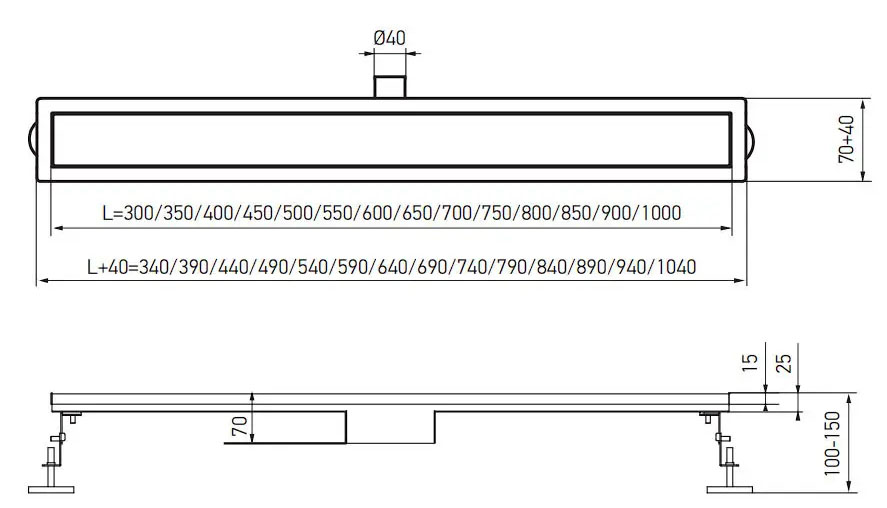 Габаритні розміри Душовий трап Koer FD20-70x350 SUS304 (KR4740) нержавіюча сталь 