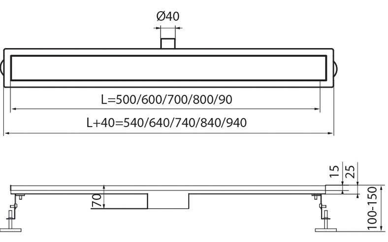 Габаритні розміри Душовий трап Koer FD29-70x800-Black SUS304 (AC0682) нержавіюча сталь, чорний  