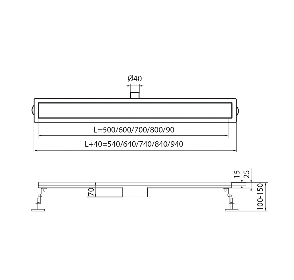 Габаритні розміри Душовий трап Koer FD30-70x1200 SUS304 70x1200мм (KR5216) нержавіюча сталь