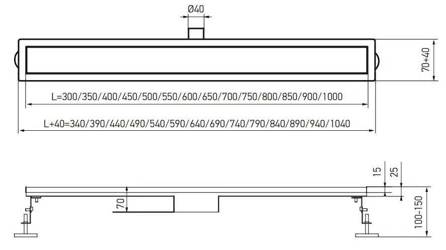 Габаритні розміри Душовий трап Koer FD35-70x300 SUS304 (AC0620) нержавіюча сталь 