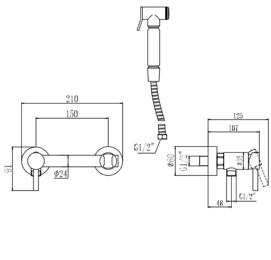 Габаритні розміри Гігієнічний душ WEZER EKO9A-01, чорний  