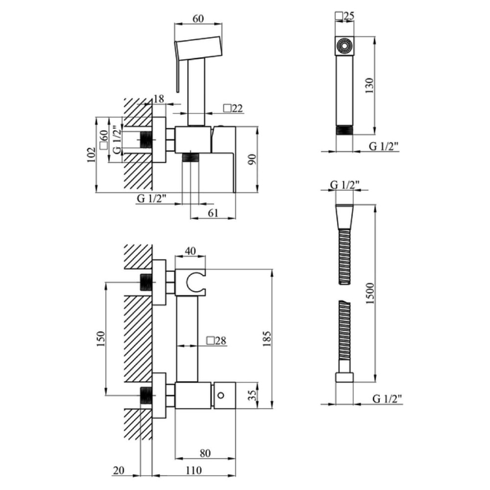 Габаритные размеры Гигиенический душ WEZER PRO9A-02, сатин Satin