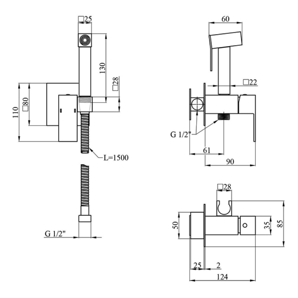 Габаритні розміри Гігієнічний душ WEZER PRO9В-02, нержавіюча сталь, чорний Black 