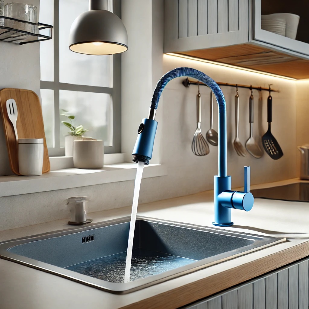 Иллюстративное изображение силиконового излива WEZER WKC-059-BLUE на кухне: 