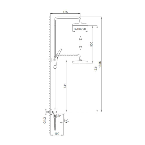 Схематичне зображення розмірів Душова системаа Frap F2484-9 