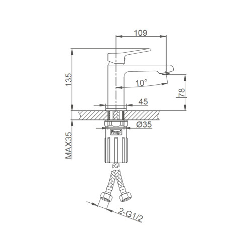 Схематичне зображення розмірів змішувача для умивальника Frap F1084