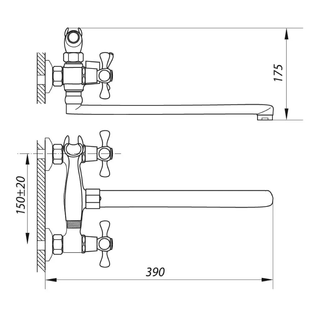 Схематичне зображення розмірів змішувача для ванни WEZER D5Q7-B827: