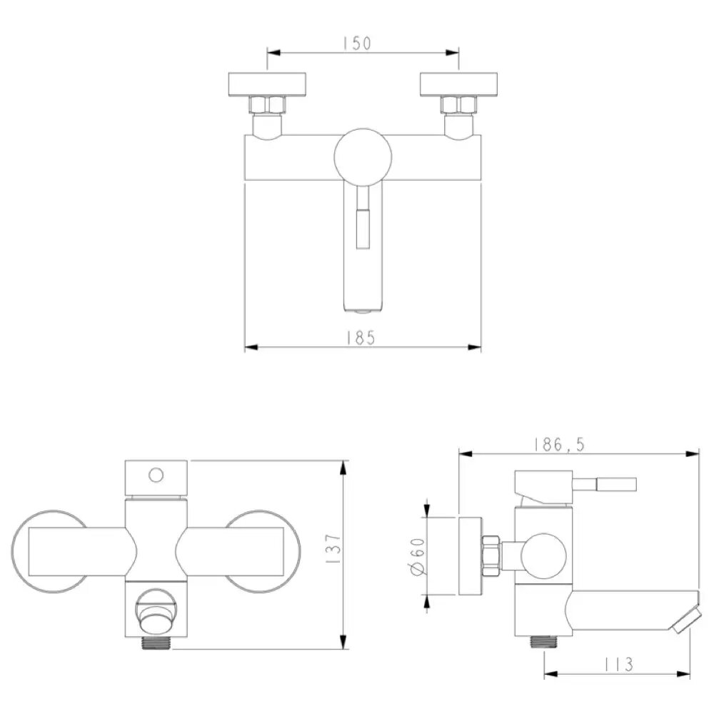 Схематическое изображение размеров смесителя для ванны WEZER EKO3-01: