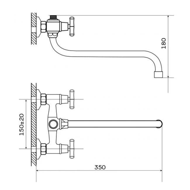Схематическое изображение размеров смесителя для ванны WEZER JIK7-A102: