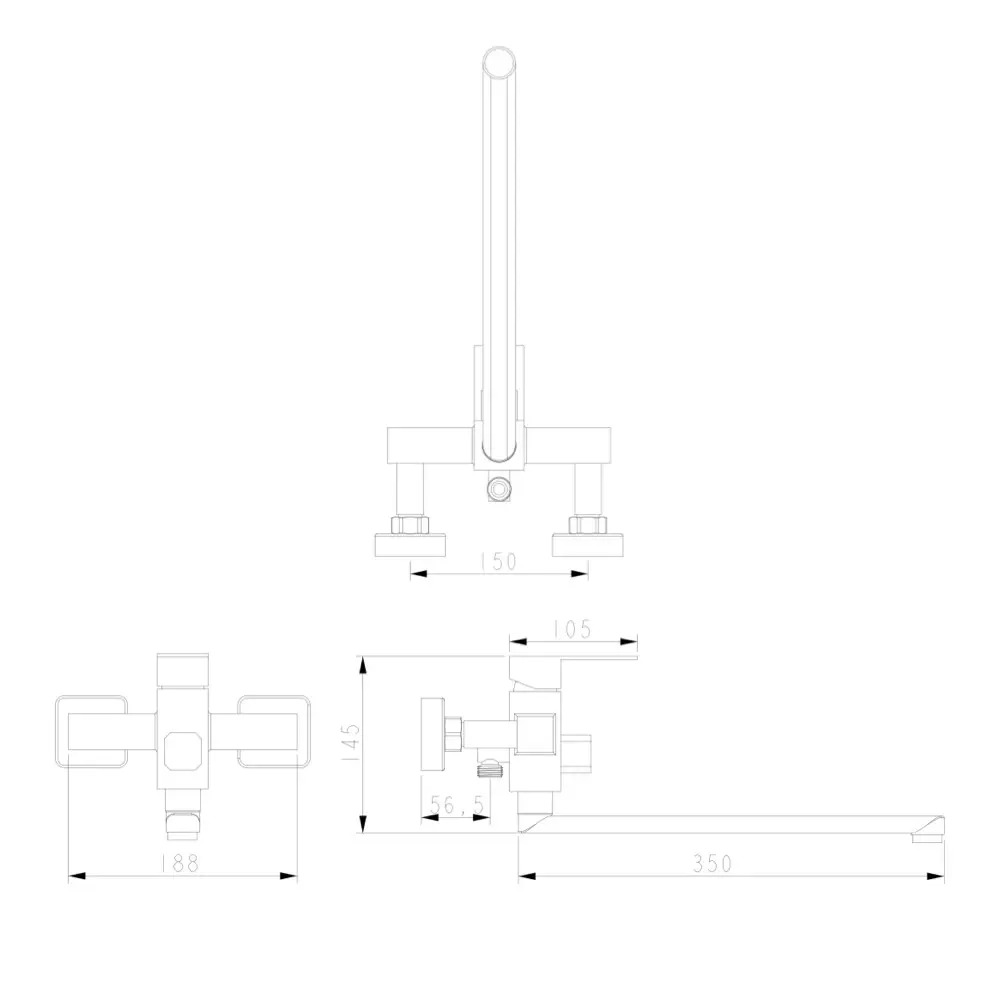 Схематичне зображення розмірів змішувача для ванни WEZER PRO7-02-BLACK: