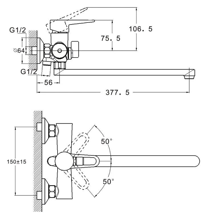 Схематичне зображення змішувача для ванни WEZER PUD7-B045-WHITE: 