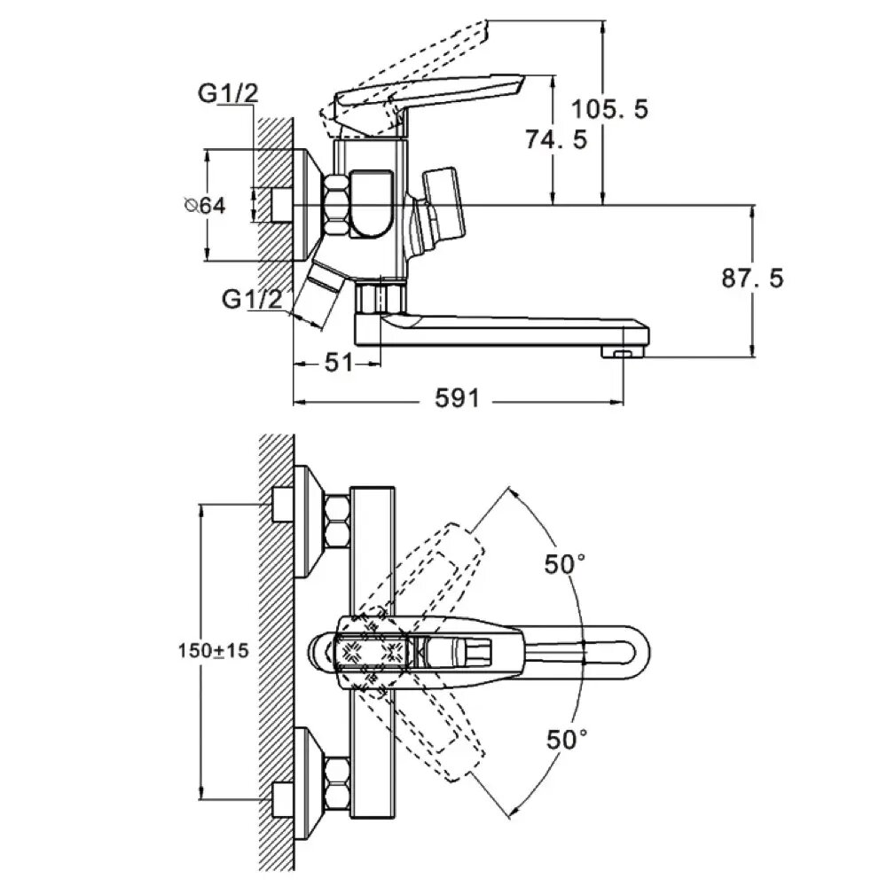 Схематичне зображення розмірів змішувача для ванни WEZER NOF3: