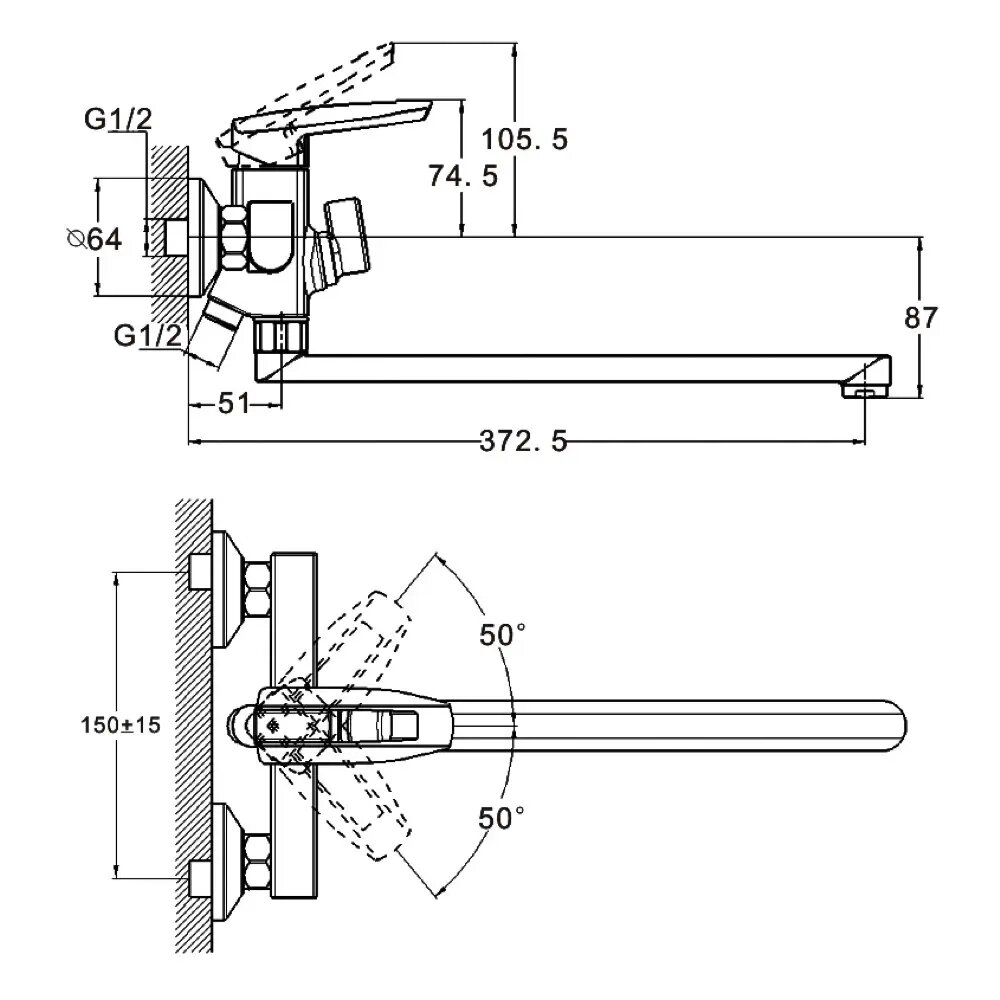 Схематичне зображення розмірів змішувача для ванни WEZER NOF7: