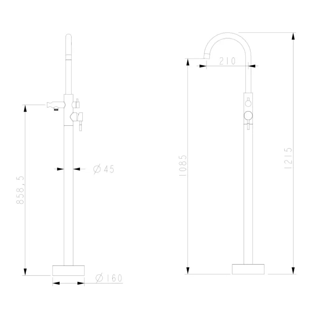 Схематическое изображение размеров напольного смесителя для ванны WEZER EKO19A-01: