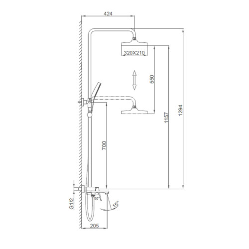 Схематичне зображення розмірів змішувача для для душа Frap F2487