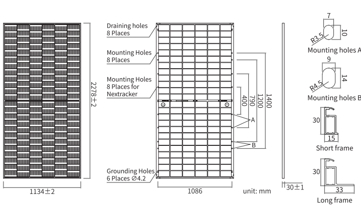 Габаритні розміри Сонячна панель JA Solar JAM72D40 MC4  585Вт, 44.22В, 13/23A двостороння  