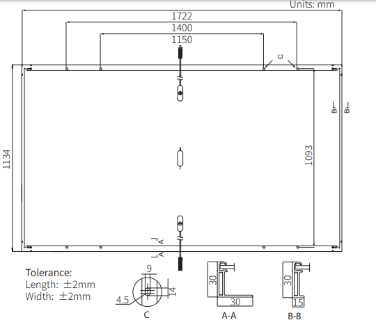 Габаритні розміри Сонячна панель LongiSolar LR5-54HTB-430M-430, 430Вт, 33.04В,13.24A  