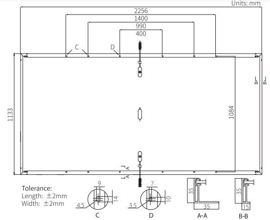 Габаритні розміри Сонячна панель LongiSolar LR5-66HTH-535M-535, 535Вт, 40.38В,13.18A      