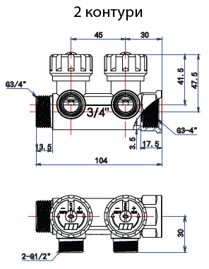 Габаритные размеры Распределительная гребенка Tervix Pro Line WD 3/4''x3/4" 2 контура с регулирующими вентилями, латунь (392012)