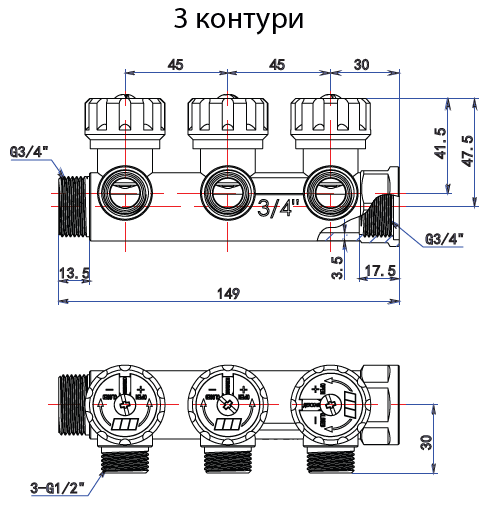Габаритные размеры Распределительная гребенка Tervix Pro Line WD 3 контуры 3/4''x3/4" с регулирующими вентилями, латунь (393012)