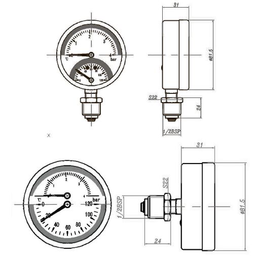 Габаритные размеры Термоманометр Tervix Pro Line 80/0-4 бар, 0-120С 1/2", радиальный, с монтажным клапаном (357316)