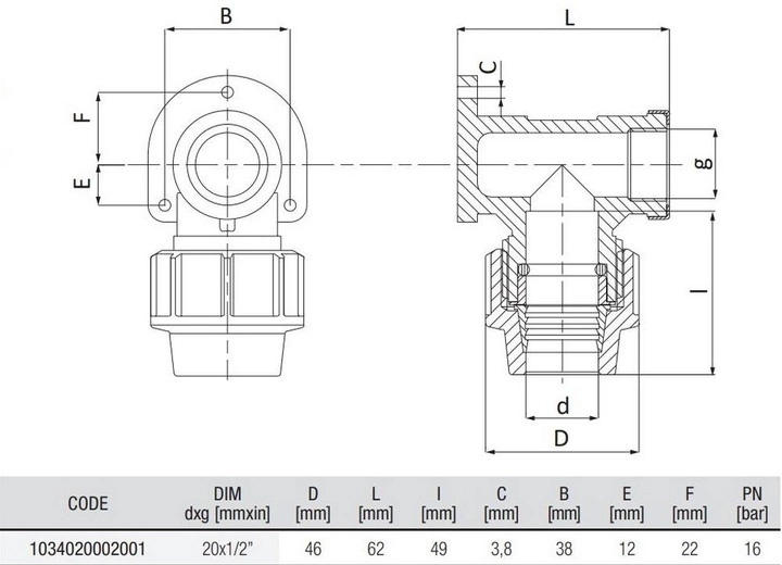 Схема і розміри Коліно Настінне Unidelta Ø20x1/2" внутрішнє різьблення