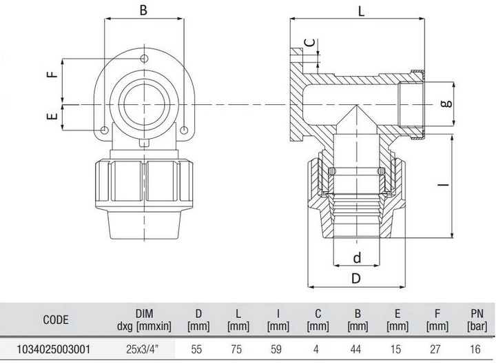 Схема и размеры Колено Настенное Unidelta Ø25x3/4" внутренняя резьба