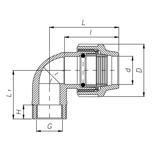 Схема і розміри Коліно Unidelta Ø32 x1 1/4" внутрішнє різьблення