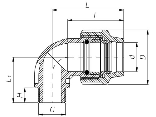 Схема і розміри Коліно Unidelta Ø32 x 1/2" зовнішнє різьблення