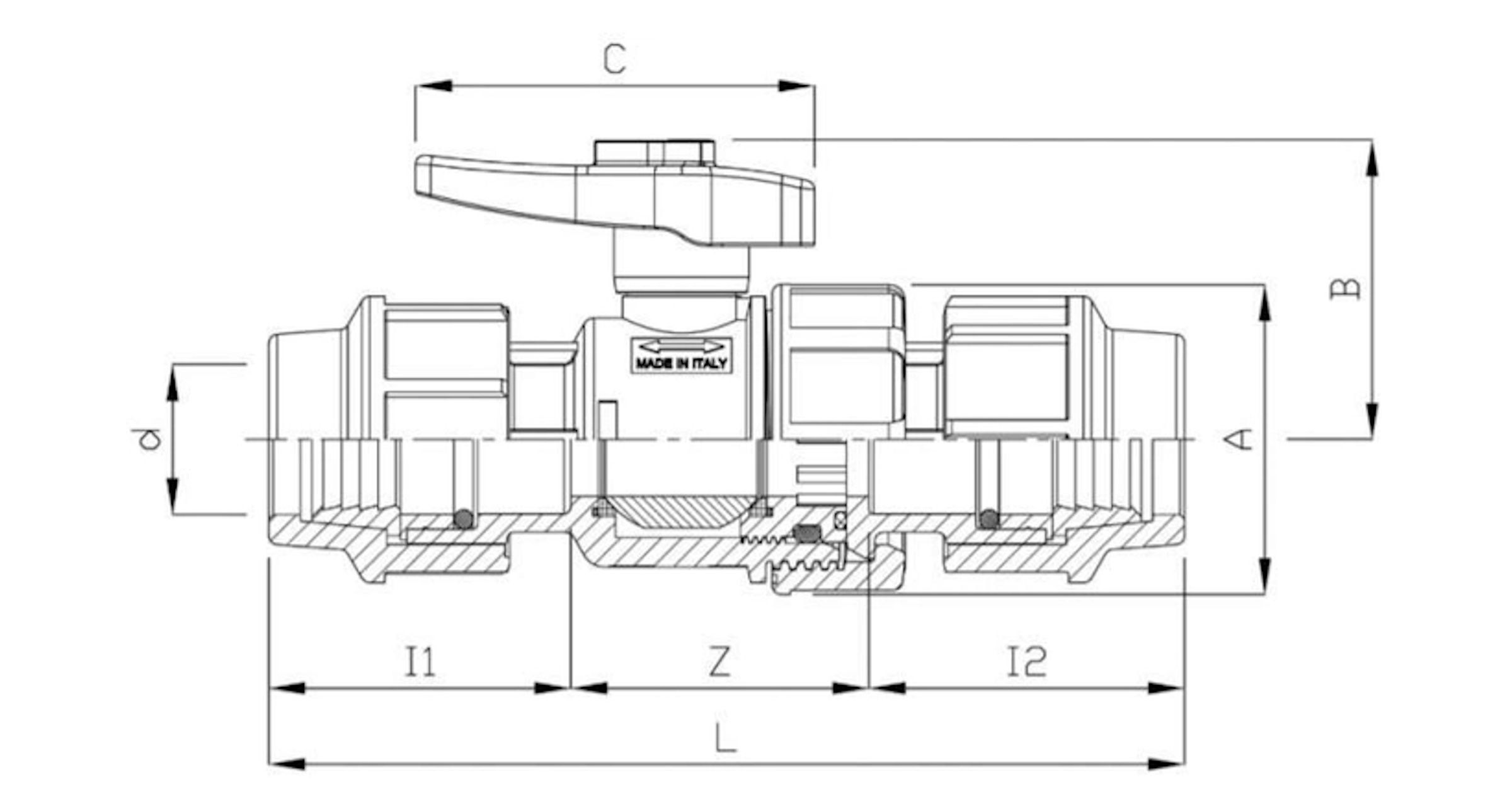 Схема и размеры Кран шаровой Unidelta Ø32 наружная резьба