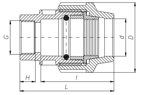 Схема і розміри Муфта Unidelta Ø40 x 1 1/2" внутрішнє різьблення