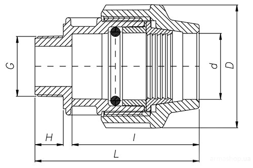 Схема і розміри Муфта Unidelta Ø40 x 2" зовнішнє різьблення